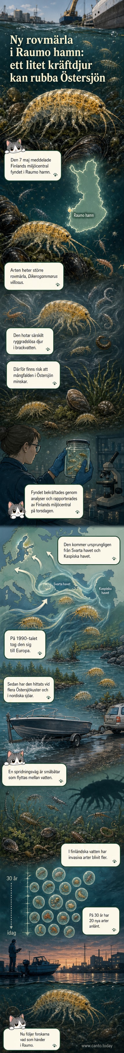 Illustration av större rovmärla i brackvatten, med båt i bakgrunden och varningsikon för invasiva arter