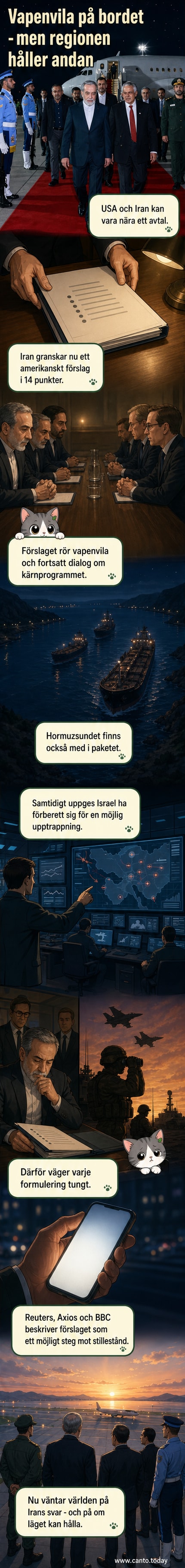 Illustration av en diplomatisk förhandling mellan USA och Iran, med symboler för vapenvila, kärnenergi och sjövägarna i bakgrunden.