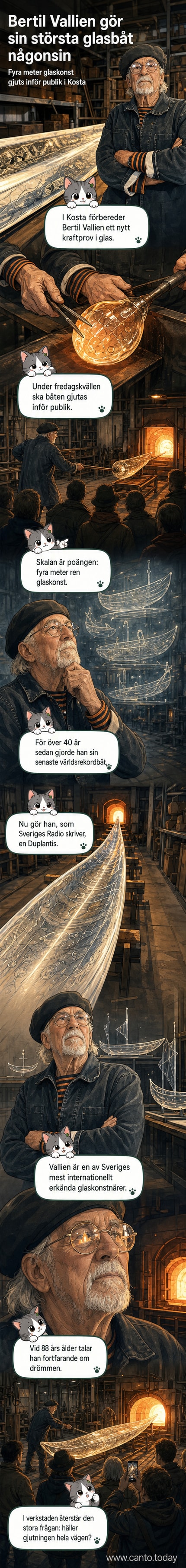 Glaskonstnären Bertil Vallien står framför en glödande ugn i Kosta med sin nya fyra meter långa glasbåt under framställning.