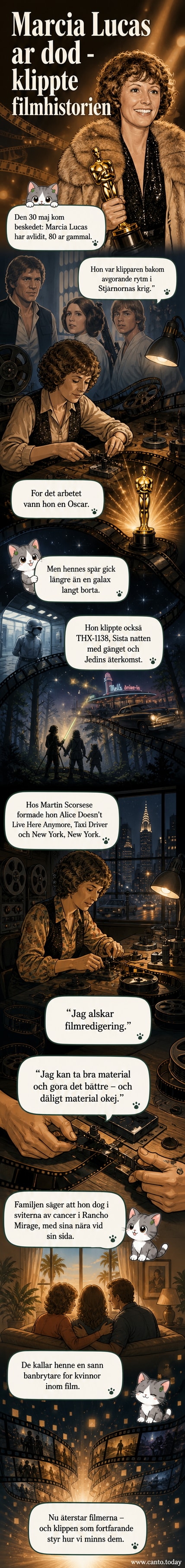 Marcia Lucas håller i sin Oscarsstatyett bredvid George Lucas, båda ler mot kameran.