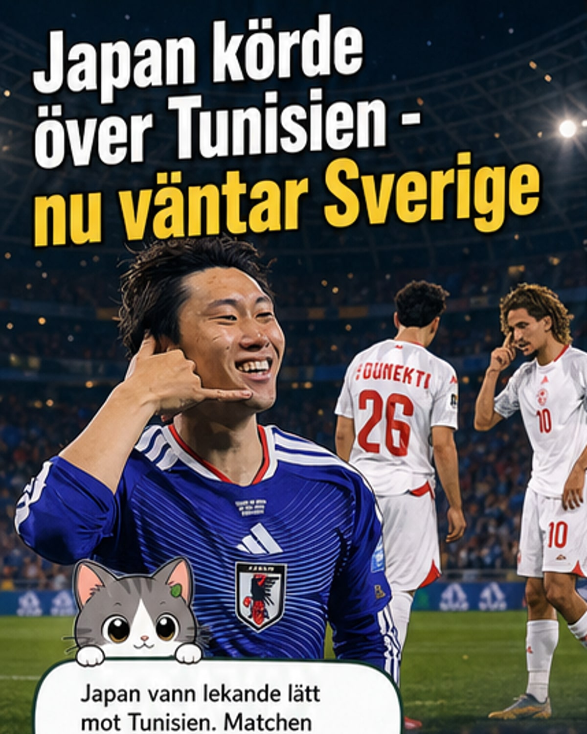 Japan-spelare firar en målskytt under segern mot Tunisien i fotbolls-VM.