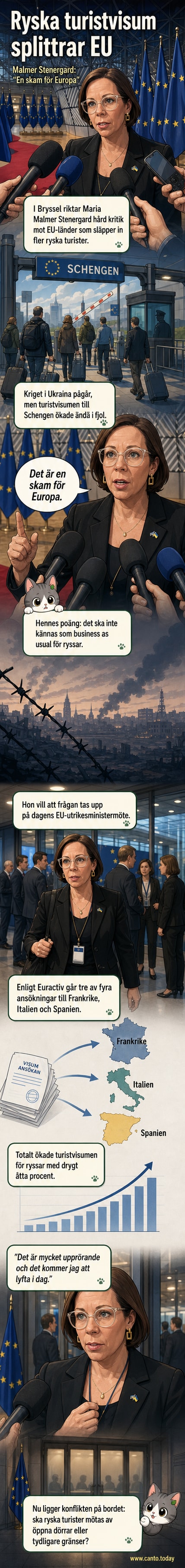 Illustration av en svensk politiker som talar vid ett EU-möte med kritisk ton mot ökad rysk turism under krig i Ukraina.