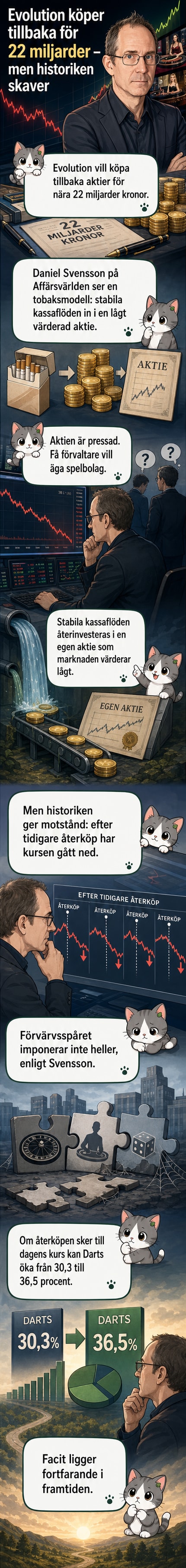 Illustration av en aktiegraf som pekar nedåt med en hand som köper aktier, symboliserande Evolution's återköp i en pressad marknad