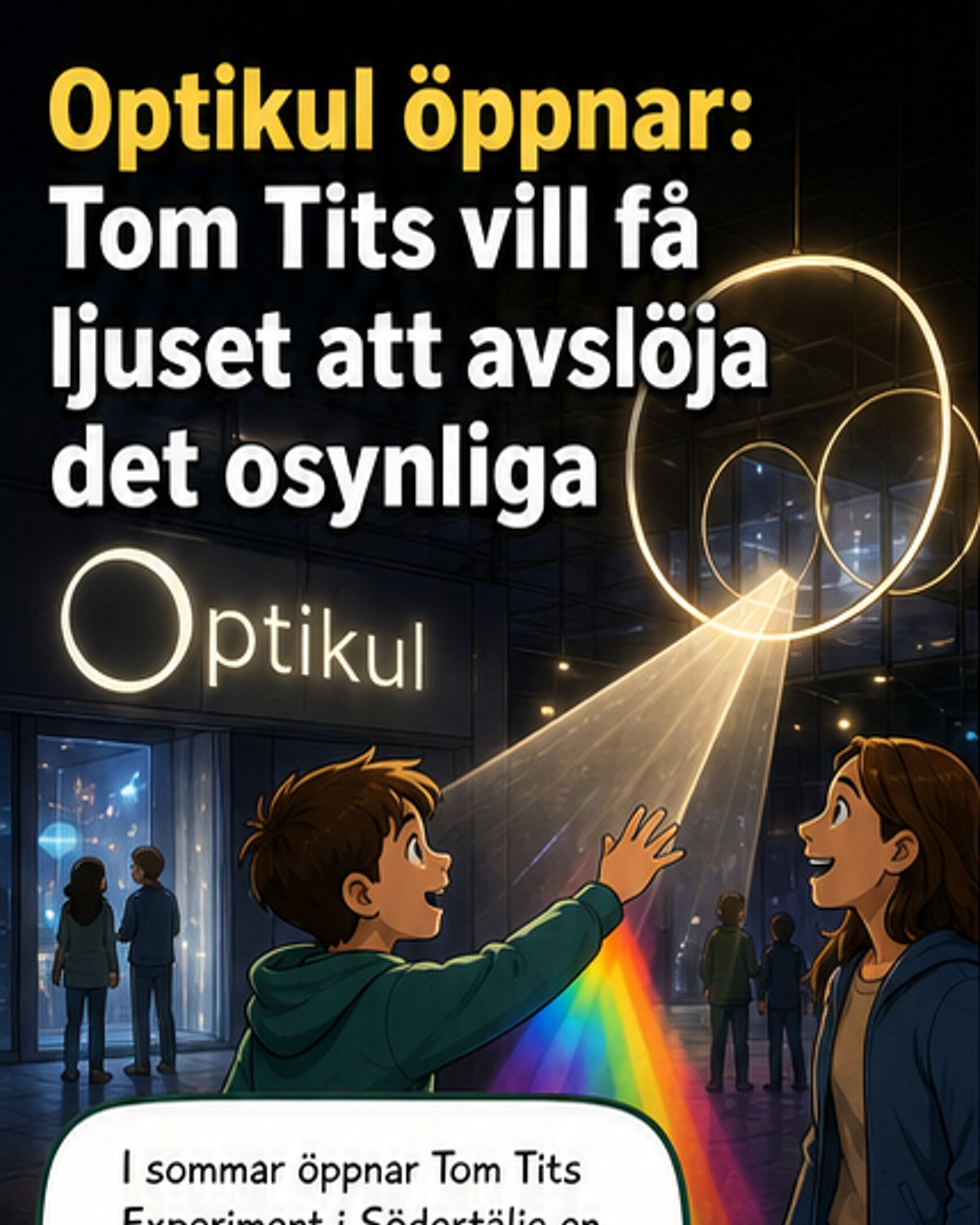 Besökare i en ljusfylld interaktiv utställning med speglar och färgade ljusstrålar, barn och vuxna experimenterar tillsammans.