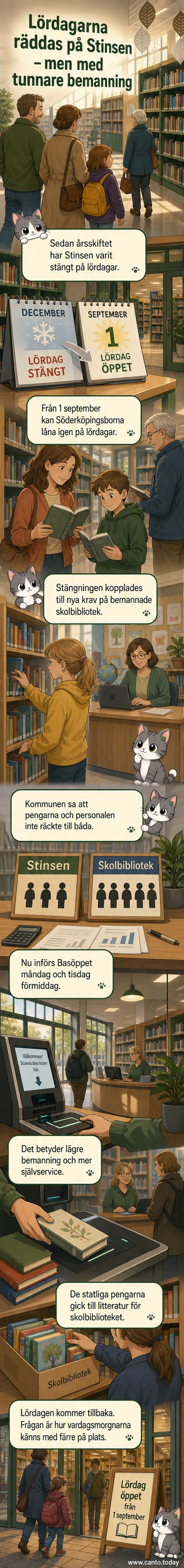 Exteriörbild av biblioteket Stinsen i Söderköping med öppen entré och skylt som visar öppettider.