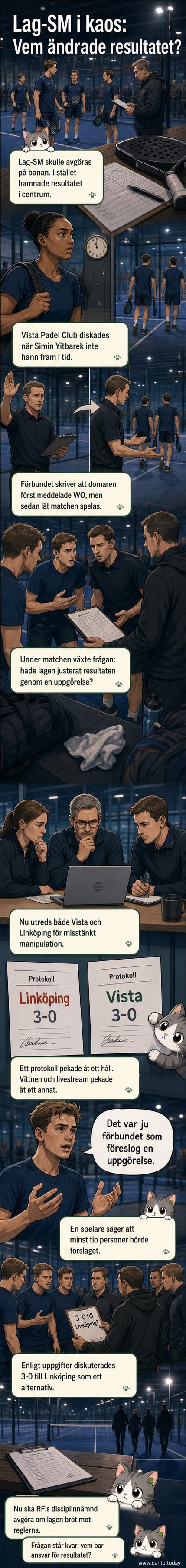 Illustration av en padelmatch där domaren tvekar, spelare från två lag diskuterar intresserat, och en representant från förbundet viskar i bakgrunden.