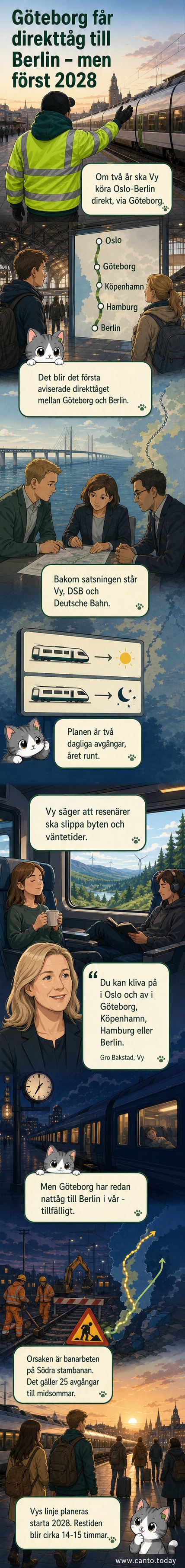 En Vy-tåg i mörkblå färg står på en perrong i Göteborg med skyltning mot Berlin i bakgrunden.
