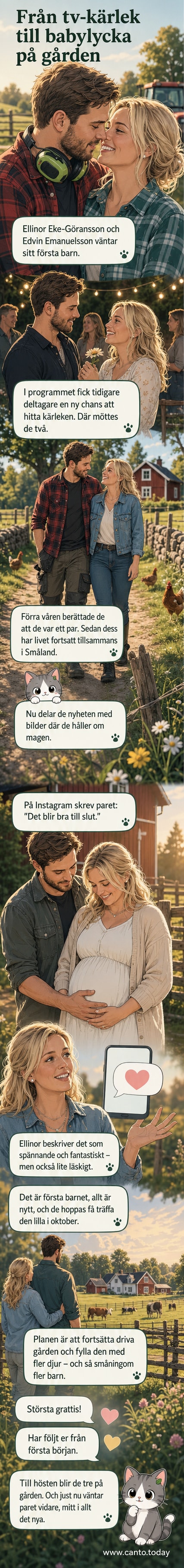 Ellinor Eke-Göransson och Edvin Emanuelsson står tillsammans ute på gården och håller om magen i en glädjefylld graviditetsbild.