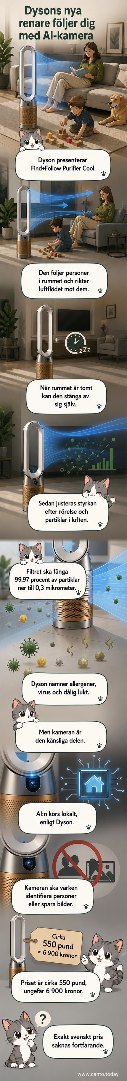 Dysons nya luftrenare med AI-kamera står i ett rum och riktar luftflödet mot en person som rör sig.