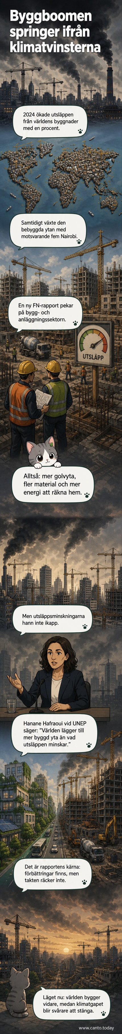 En stadssilhuett mot en grå himmel med symboler för koldioxidutsläpp och byggkranar, illustrerande ökande utsläpp från världens byggnader.