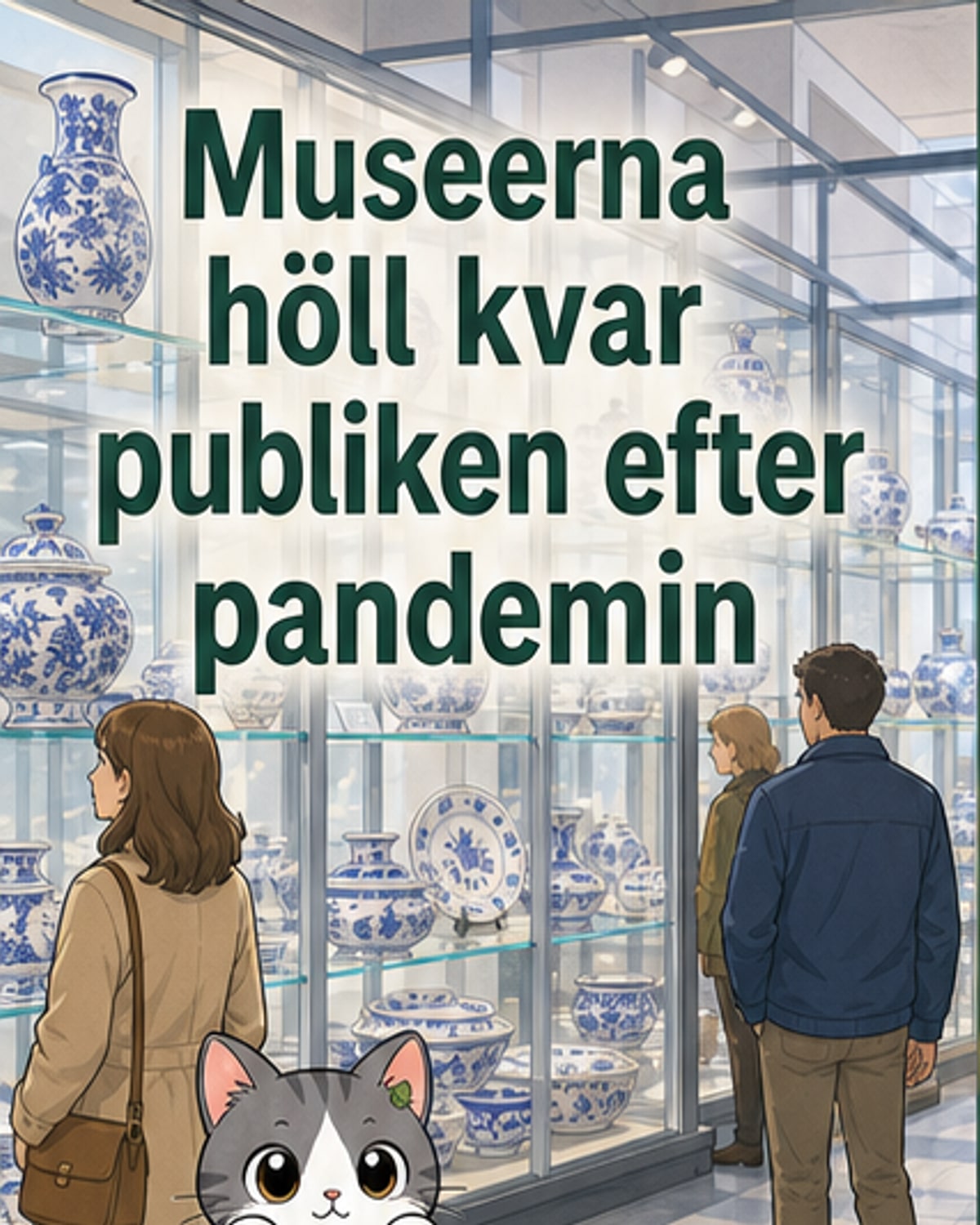 Grafisk illustration av en stabil kurva över museibesök i Sverige efter pandemin, med ikoner för olika museityper och intäkter från entréavgifter.