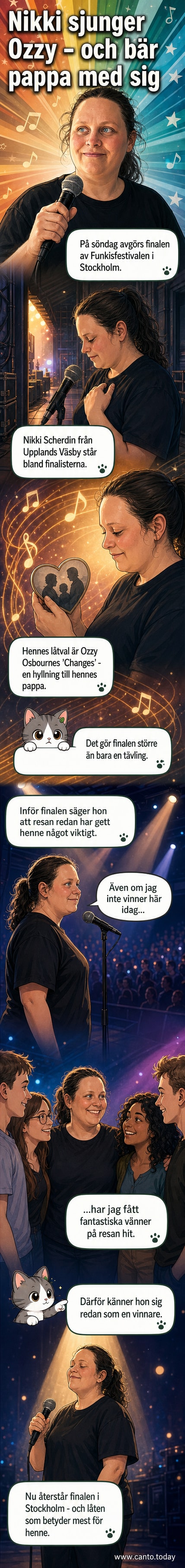 Nikki Scherdin står på scen i finalen av Funkisfestivalen, klädd i svart, och framför en låt med mikrofon i hand.