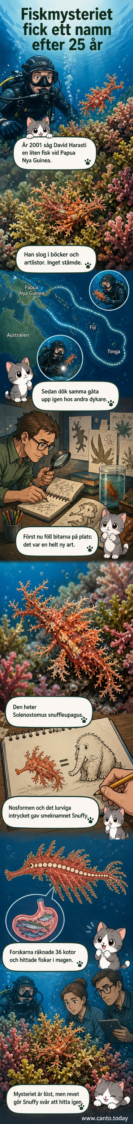 Illustration av en liten, orangeröd fisk med trådliknande utväxter som liknar Snuffleupagus från Sesam, simmande bland korall.