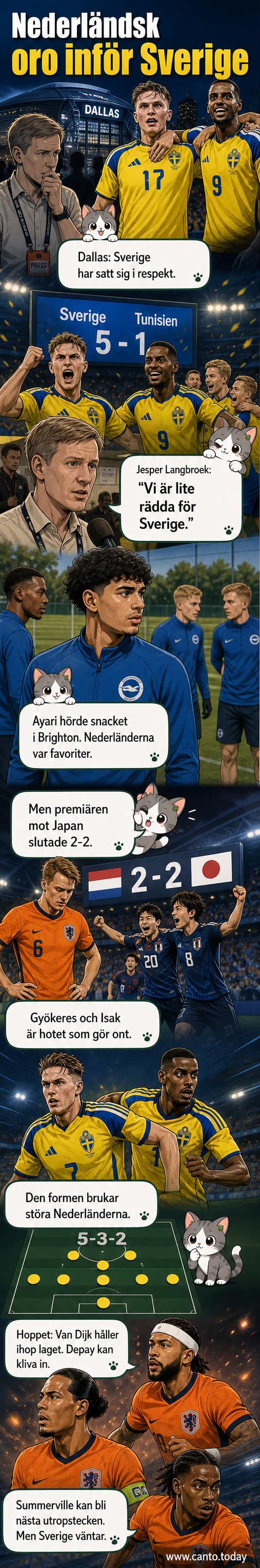 Illustration av två fotbollslag på plan, med svenska och nederländska flaggor, och en spelare som visar rädsla.