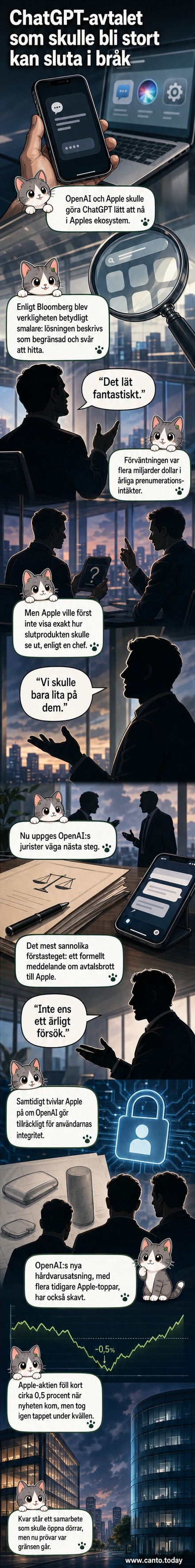 Illustration av en sprucken handenhet med loggor för Apple och OpenAI på var sin sida, symboliserande ett brustet samarbete mellan de två techjättarna.