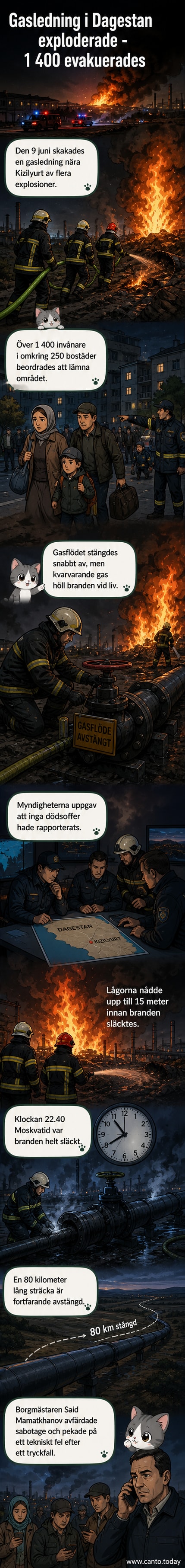 Brinnande gasledning i Kizilyurt, Dagestan, med höga lågor och rökpelare mot kvällshimlen.