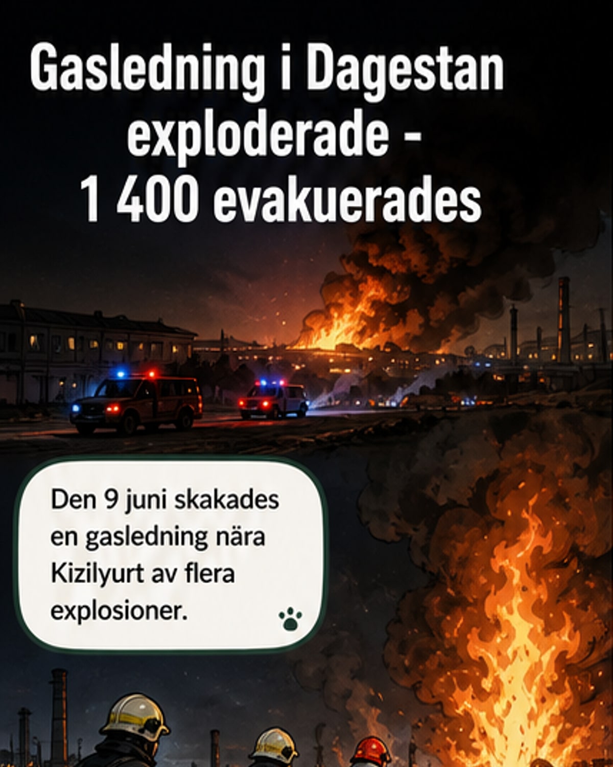 Brinnande gasledning i Kizilyurt, Dagestan, med höga lågor och rökpelare mot kvällshimlen.
