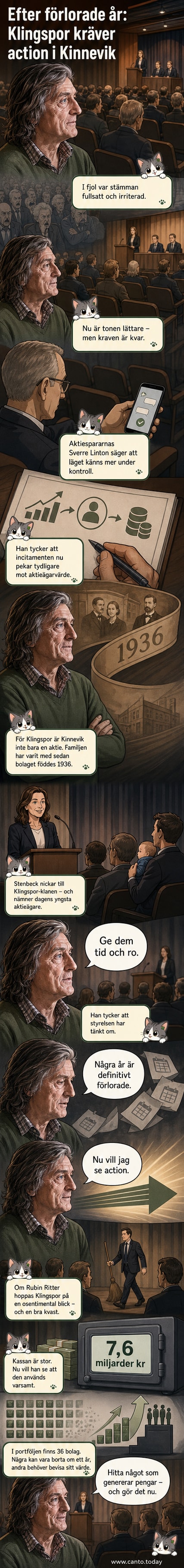 Illustration av en årsstämma med aktieägare som applåderar, med en skylt som visar Kinneviks logotyp och en kassalåda med 7,6 miljarder kronor.