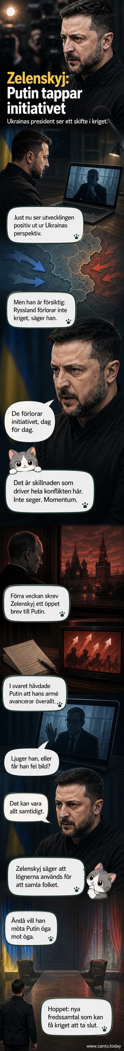 Illustration av Zelenskyj som talar till kameran med en karta över Ukraina i bakgrunden där ryska styrkor markeras som tillbakadryftade.