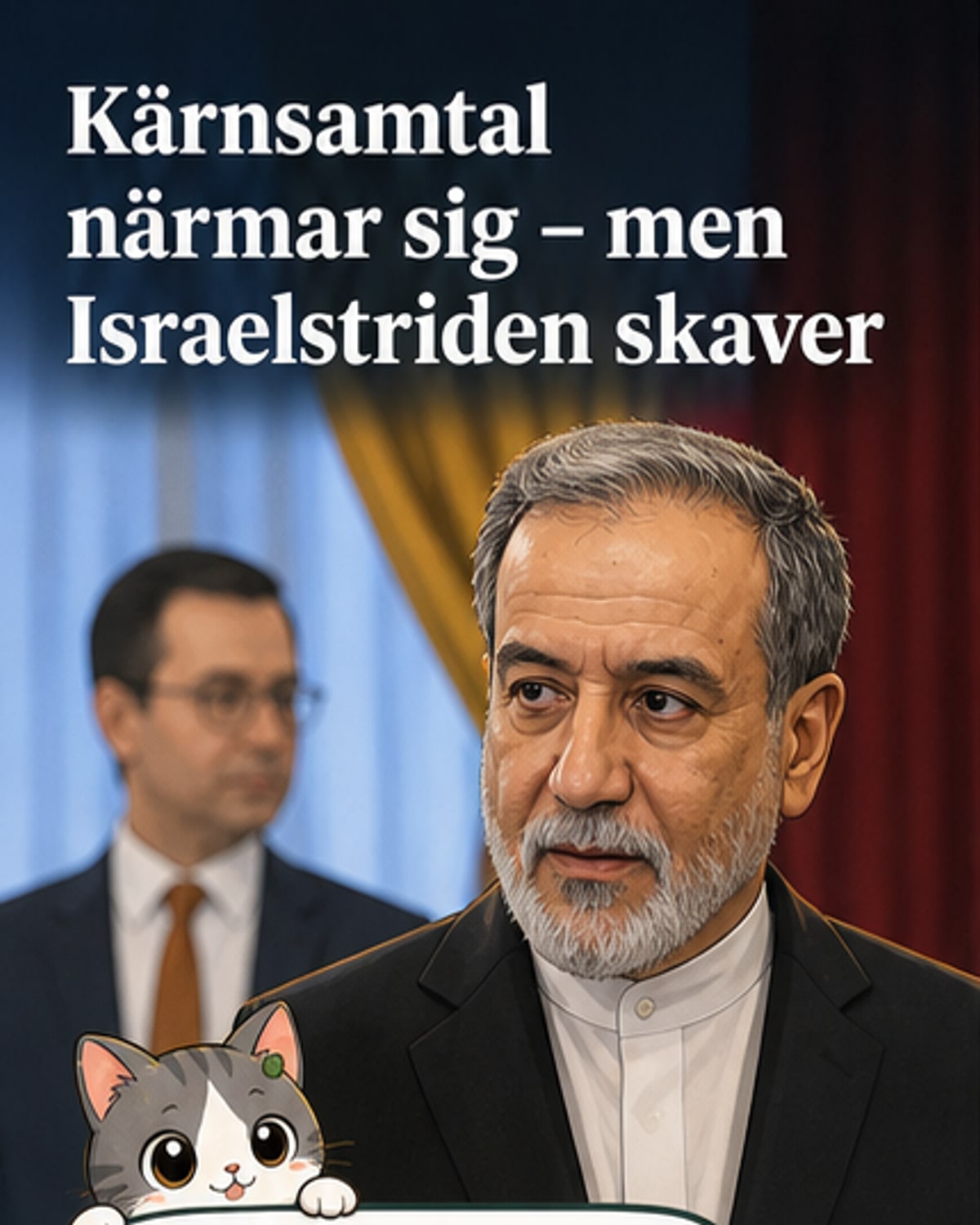 Irans utrikesminister Abbas Araghchi står framför mikrofoner under en presskonferens, med flaggor i bakgrunden.