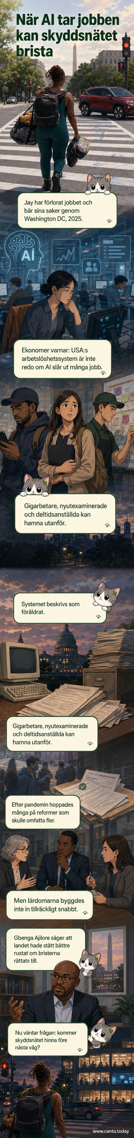 En person bär sina tillhörigheter genom Washington DC, symboliskt för att ha förlorat sitt jobb i en tid av ekonomisk osäkerhet och teknisk förändring.