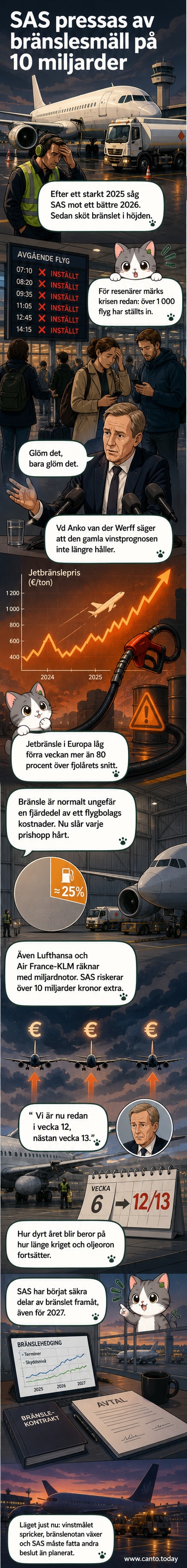 SAS-vd Anko van der Werff står bredvid en skärm som visar inställda flyg och en graf över bränsleprisernas kraftiga uppgång.