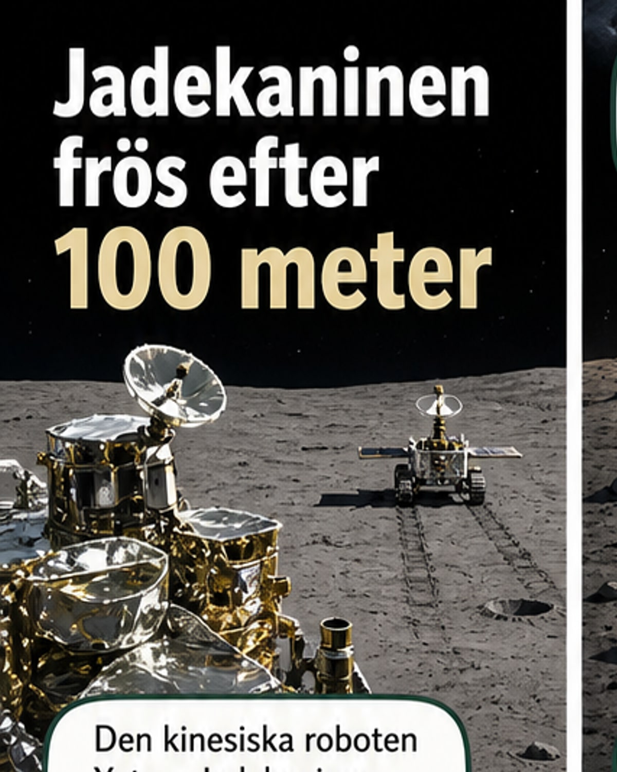 En illustration av den kinesiska månrovern Yutu, känd som Jadekaninen, stående stilla på månens yta under svagt ljus från solen på horisonten.