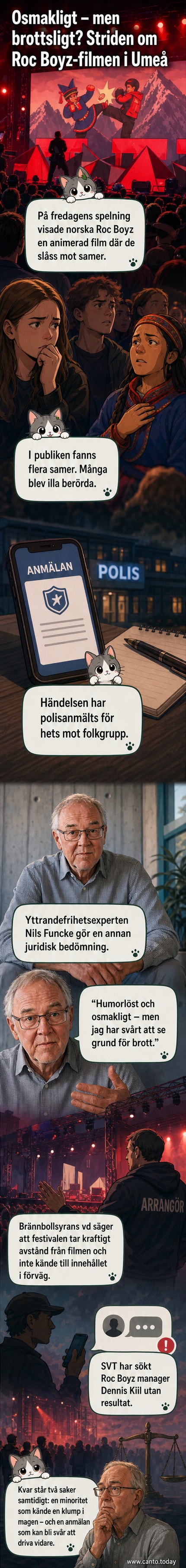 Publik på Brännbollsyran i Umeå ser en film på storbildskärm där musikgruppen Roc boyz slår samer i en animerad scen.