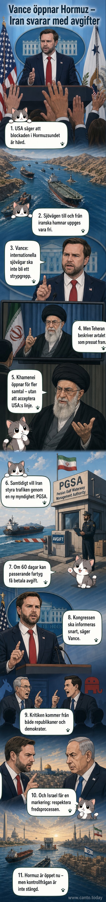 Illustration av ett krigsfartyg som lämnar Hormuzsundet under en solnedgång, med symboliska oljetankers i bakgrunden och ett fredsdokument mellan USA och Iran.