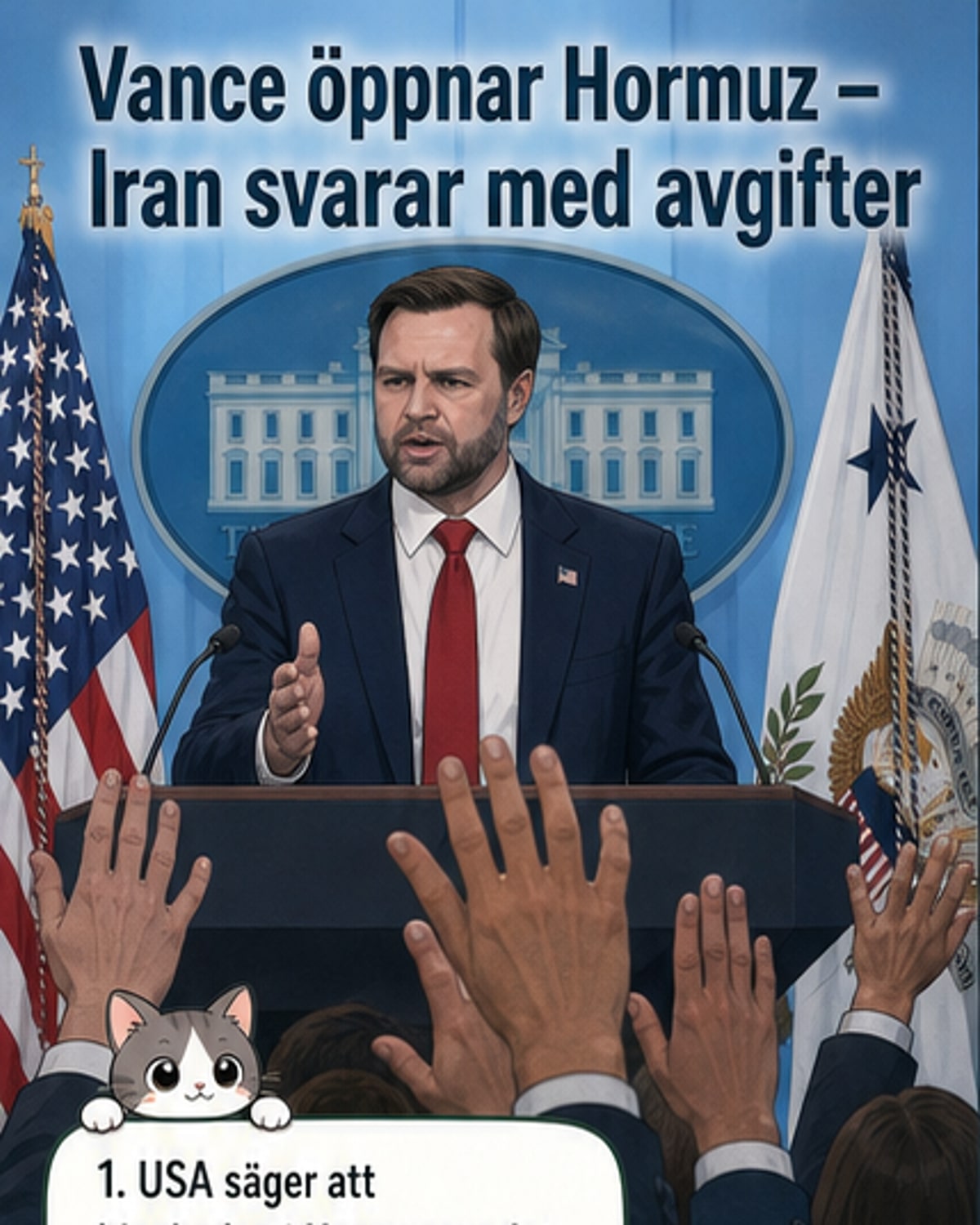 Illustration av ett krigsfartyg som lämnar Hormuzsundet under en solnedgång, med symboliska oljetankers i bakgrunden och ett fredsdokument mellan USA och Iran.
