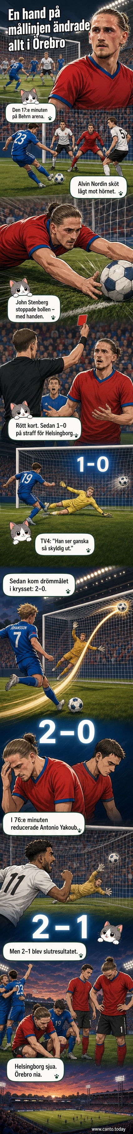 Örebro-försvararen John Stenberg räddar bollen med handen under matchen mot Helsingborg, vilket leder till rött kort och straff.