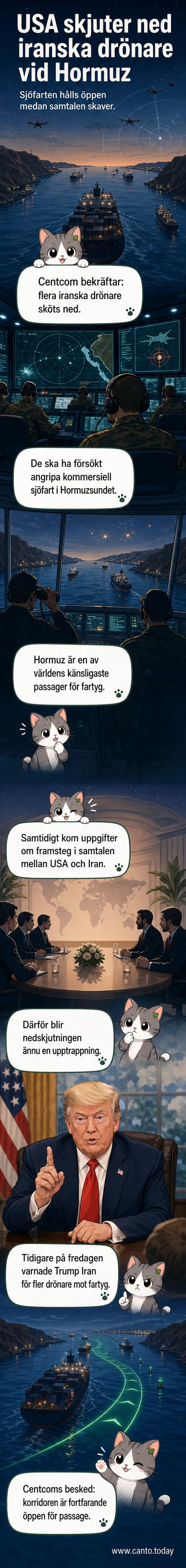 Illustration av en amerikansk krigsfarkost som skjuter ner en iransk drönare ovanför Hormuzsundet, med fartyg i bakgrunden.