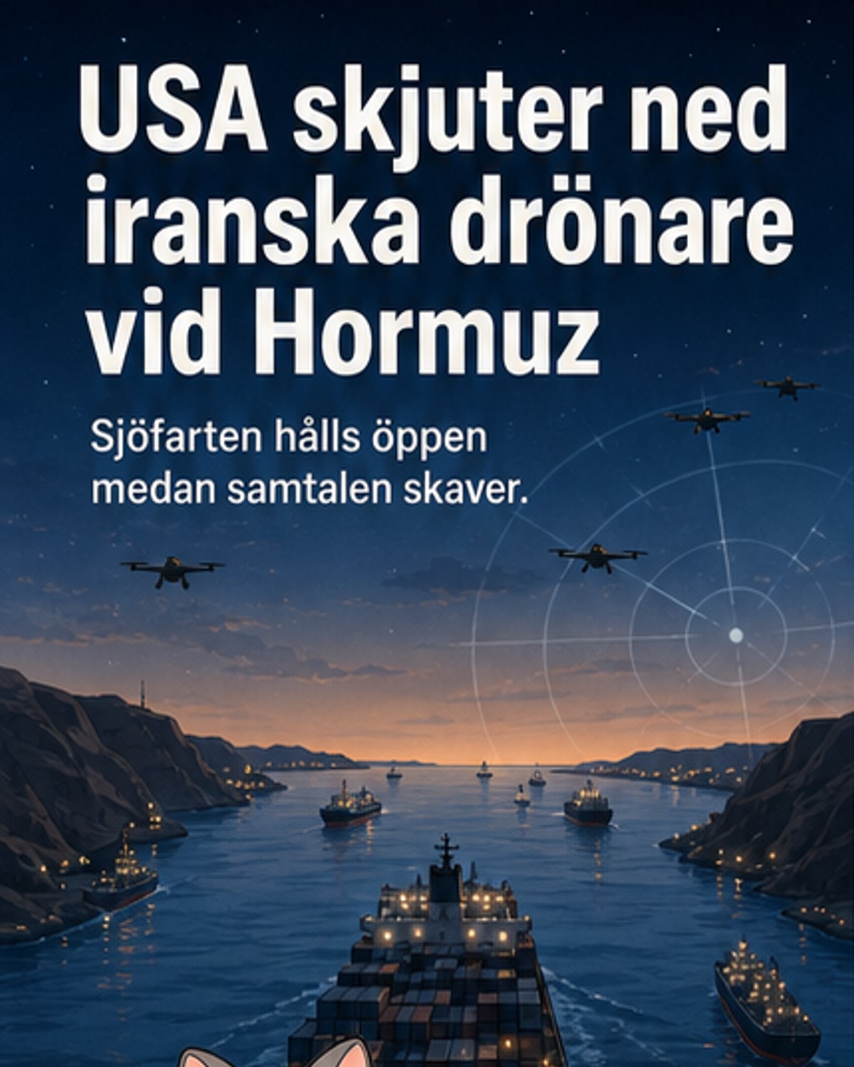 Illustration av en amerikansk krigsfarkost som skjuter ner en iransk drönare ovanför Hormuzsundet, med fartyg i bakgrunden.