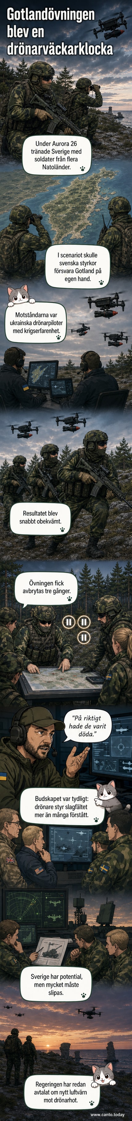 Soldater från Livgardesbrigaden under militärövningen Aurora 26 på Gotland, med drönare i bakgrunden.