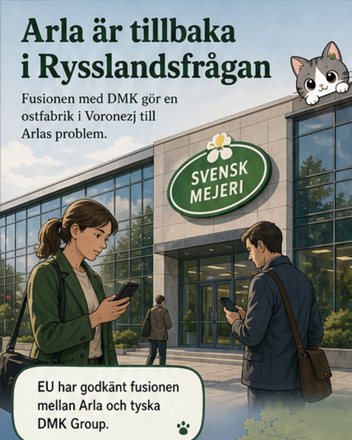 En ostgubbe står bredvid en fabrik i Ryssland med logotypen Arla och DMK, med en orolig blick mot kameran.