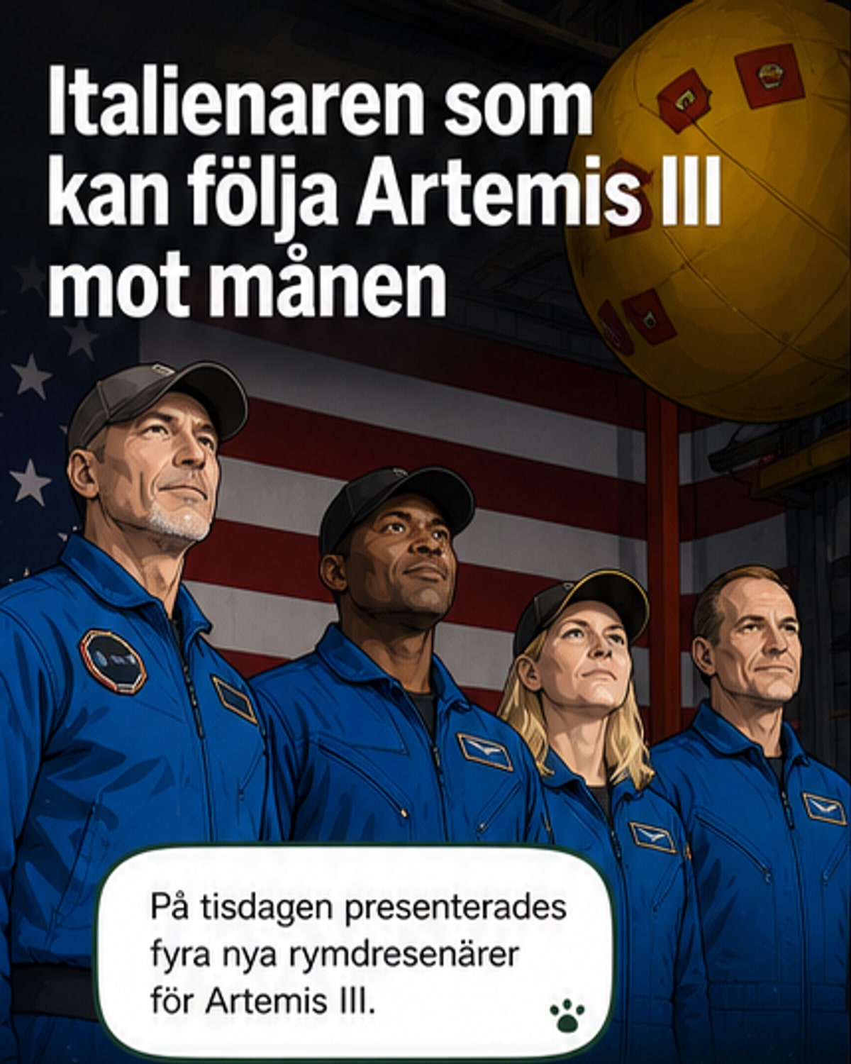 En rymdresenär i rymddräkt står framför en månlandare med amerikanskt flagga och Artemis-logga, med månen i bakgrunden.