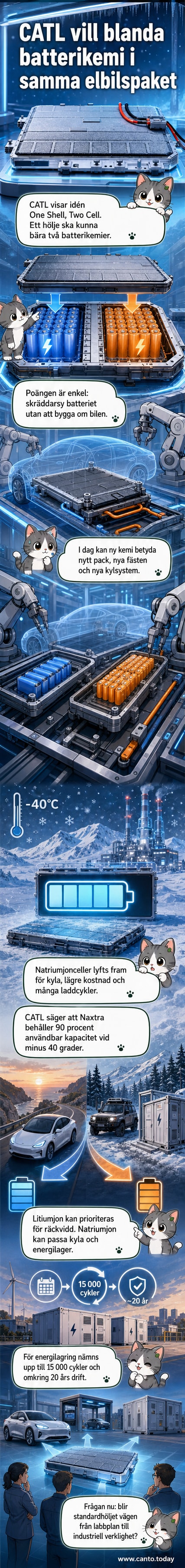 En schematisk illustration av ett batteripack där litium- och natriumjonceller visas samlade i samma standardhölje, med temperaturikoner som visar funktion vid extrema kall- och varmzoner.