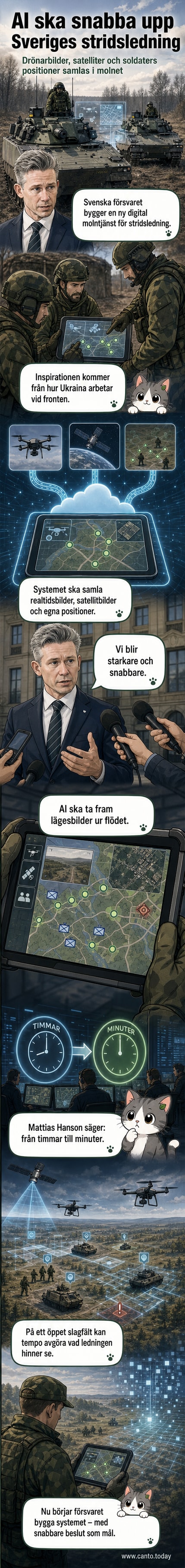En digital skärm visar en översikt över drönarbilder, satellitdata och soldaters positioner i realtid, med AI-analyser överlagrade på en karta – illustration av Sveriges nya stridsledningssystem.