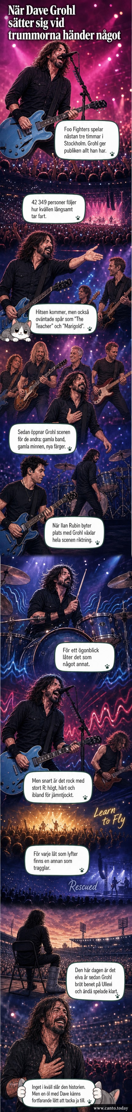 Dave Grohl på scen med Foo Fighters i Stockholm, svettig och energisk, med bandmedlemmar bakom sig.