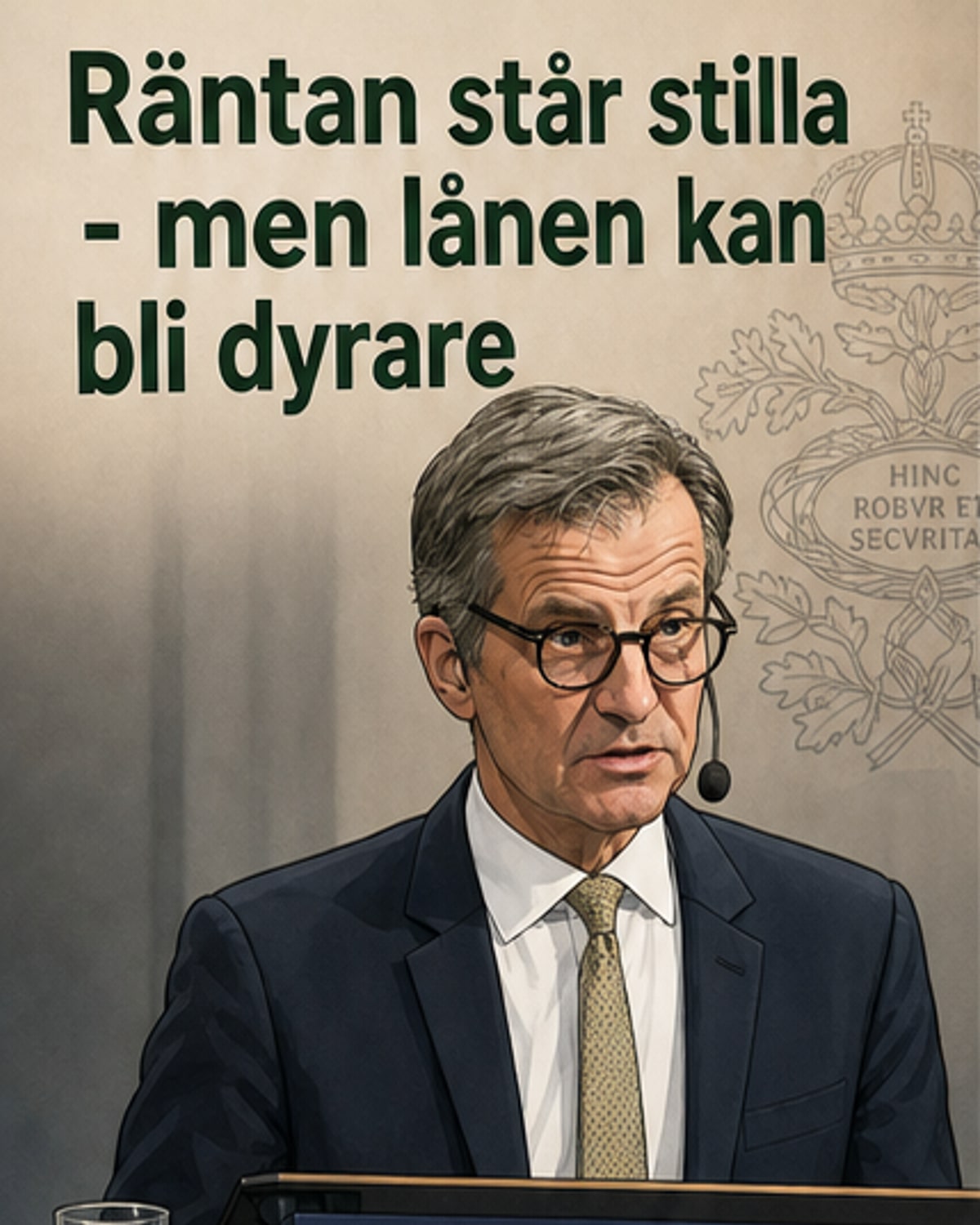Riksbankschef Erik Thedéen vid ett pressmeddelande om räntebesked, med text som visar att räntan lämnas oförändrad på 1,75 procent.