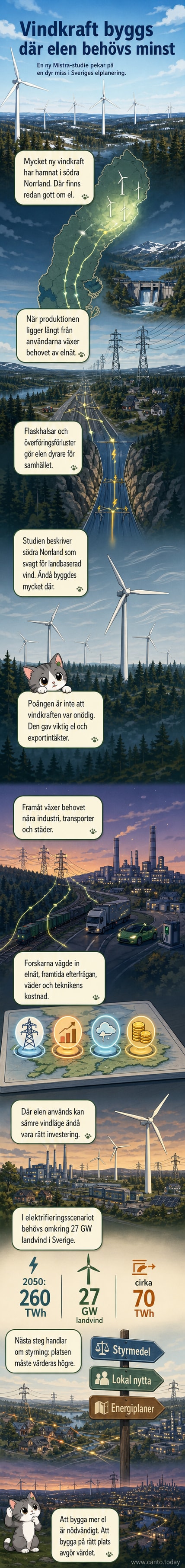 Illustration av vindkraftverk i norr och elanvändning i söder, med pilar som visar elflöde och nätbelastning.