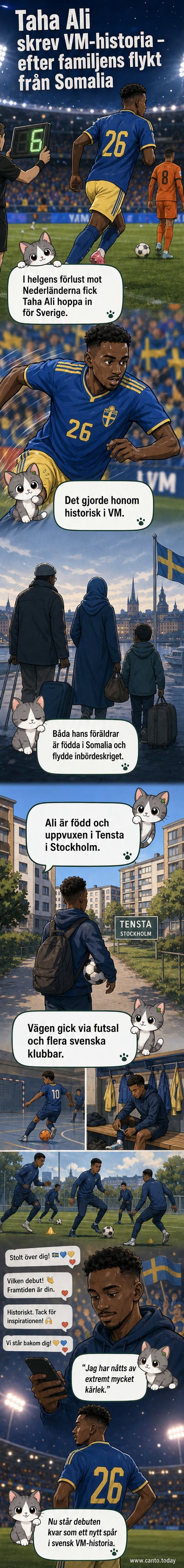 Fotbollsspelaren Taha Ali står på planen i blå matchdräkt, med publiken i bakgrunden och blicken riktad mot mittplan.