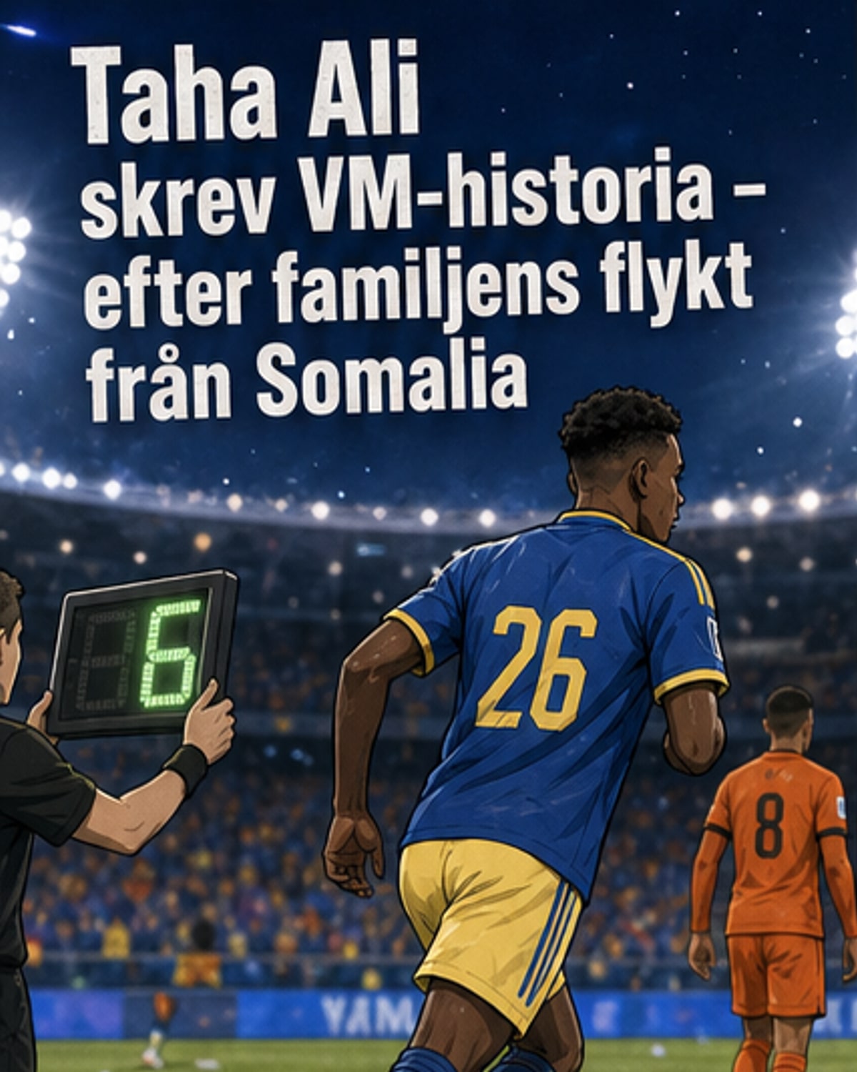 Fotbollsspelaren Taha Ali står på planen i blå matchdräkt, med publiken i bakgrunden och blicken riktad mot mittplan.