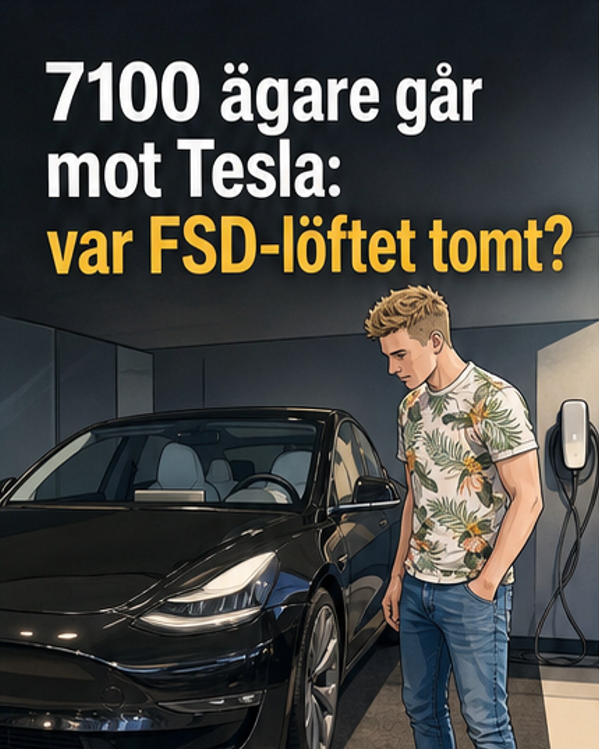 Illustration av en Tesla-bil med en förvirrad förare och en skylt som säger 'Självkörande snart?' med röd kryss över.