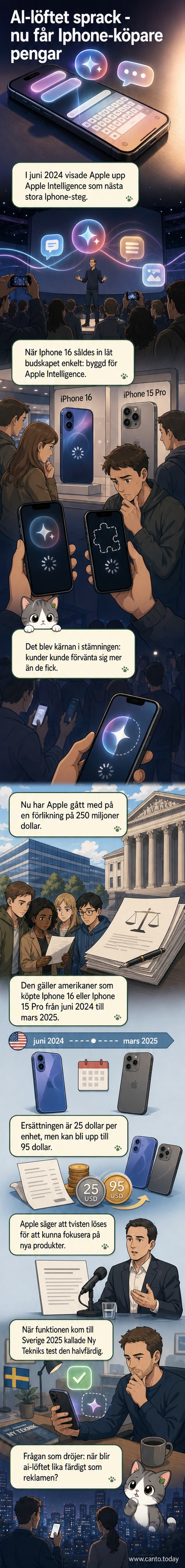 En iPhone med halvvisad AI-skärm och texten 'Apple Intelligence' med en gulnedslagen varningssymbol bredvid.