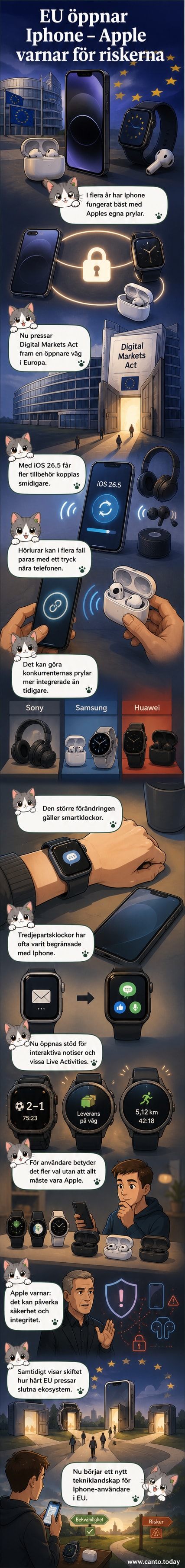 En iPhone visar snabbkoppling till en smartklocka och hörlurar från olika märken, med EU-flaggan i bakgrunden.