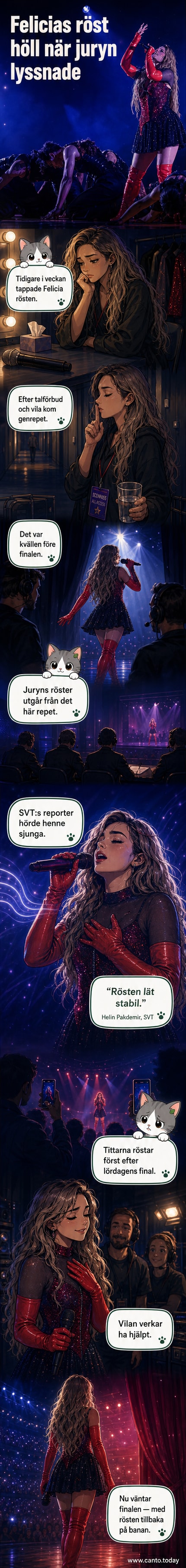 Sångaren Felicia på scenen under ett juryrep, med mikrofon i hand och koncentrerad blick.