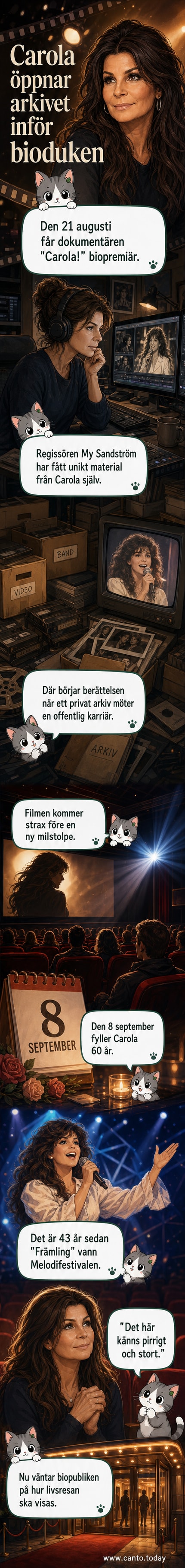 Carola på scen iklädd en glittrande klänning, med publik i bakgrunden och ljus som skimrar runt henne.