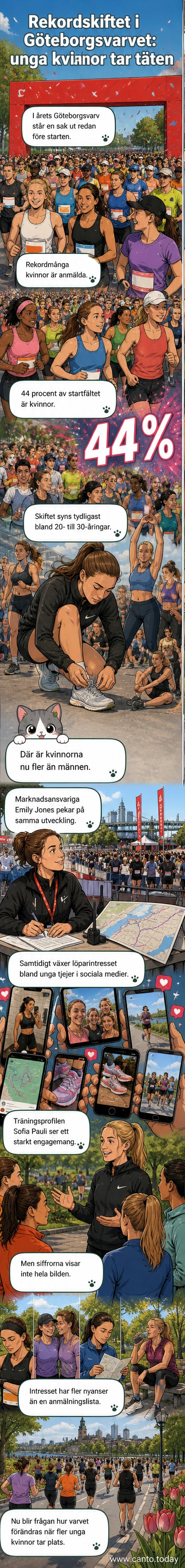 En grupp löpare springer längs en stadskurs, med många kvinnor synliga i fältet, under ett soligt väder.