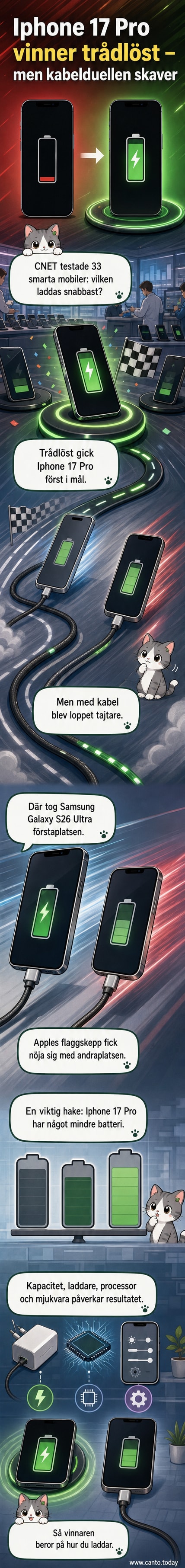 Illustration av en iPhone 17 Pro som laddas trådlöst på en laddmatta, med jämförelsegrafik mot andra telefonmodeller.